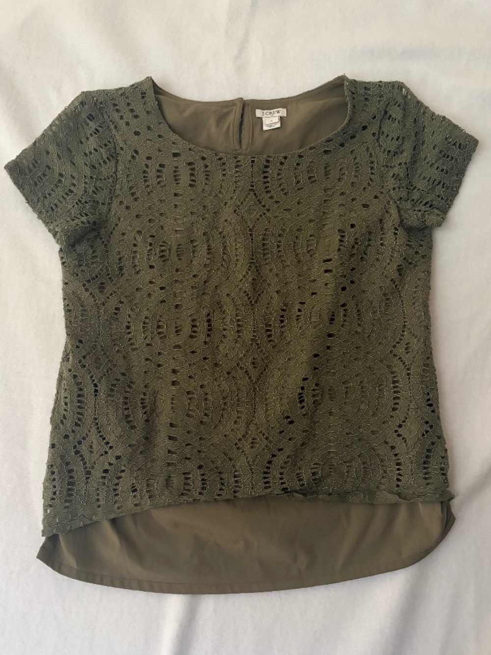 J. Crew Lace Tee Olive Green Short Sleeve Lined Top Size 0